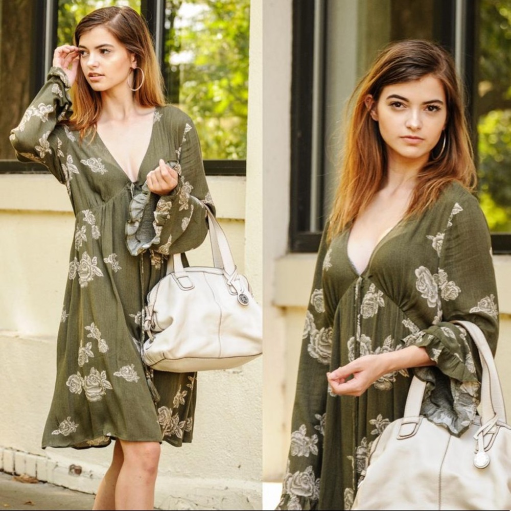 Olive Long Sleeve Floral Dress - Picture 4 of 5